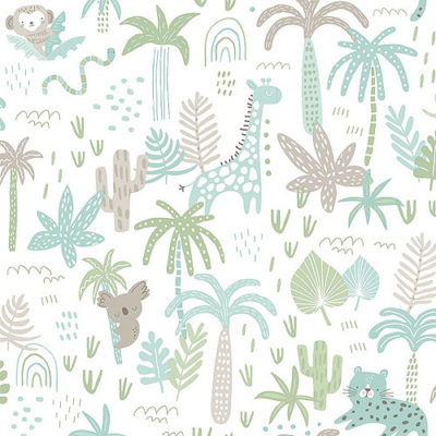 Papel pintado infantil Safari gris y aquamarine