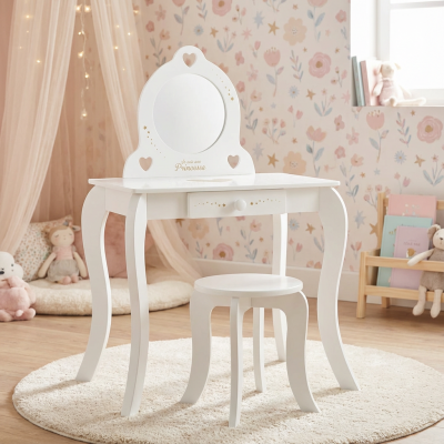 Tocador y taburete infantil blanco
