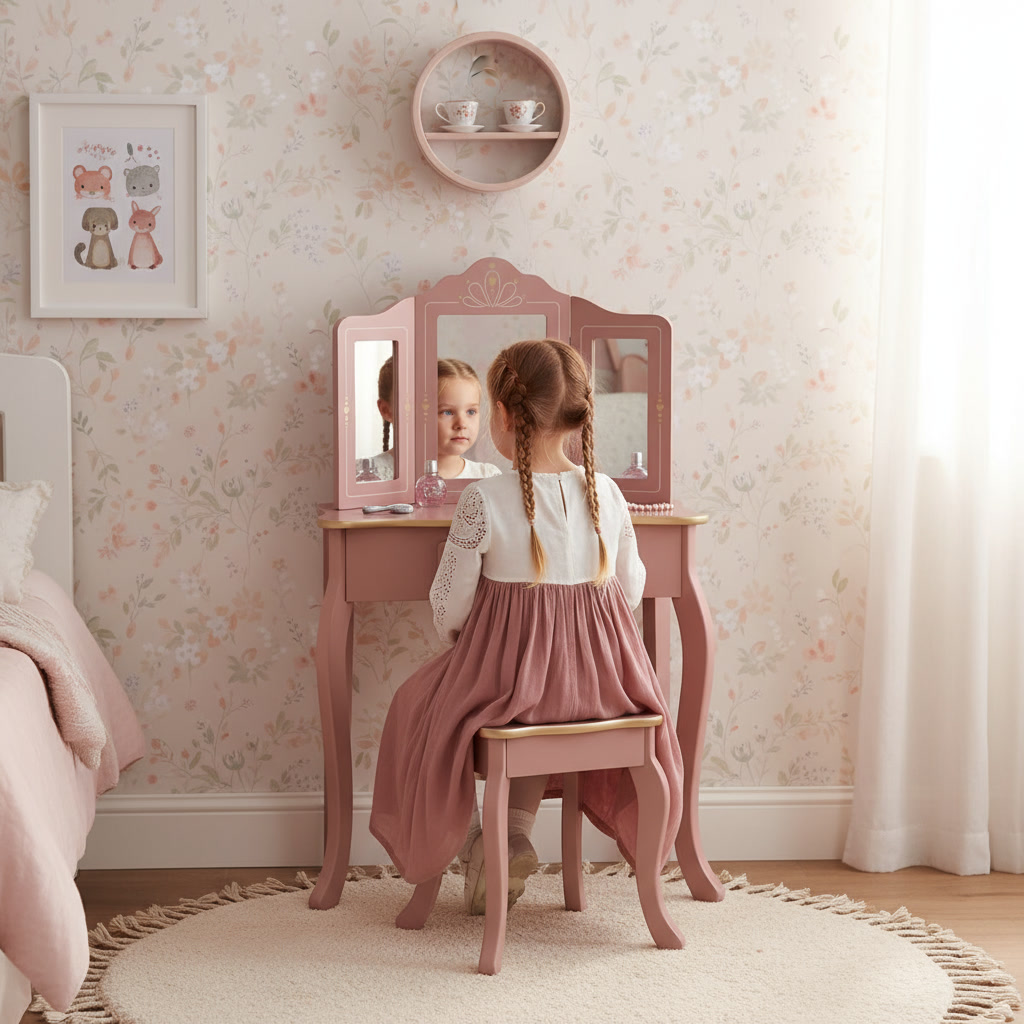 Tocador y taburete infantil rosa - Imagen 2