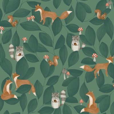 Papel pintado Woodland Friends verde oscuro