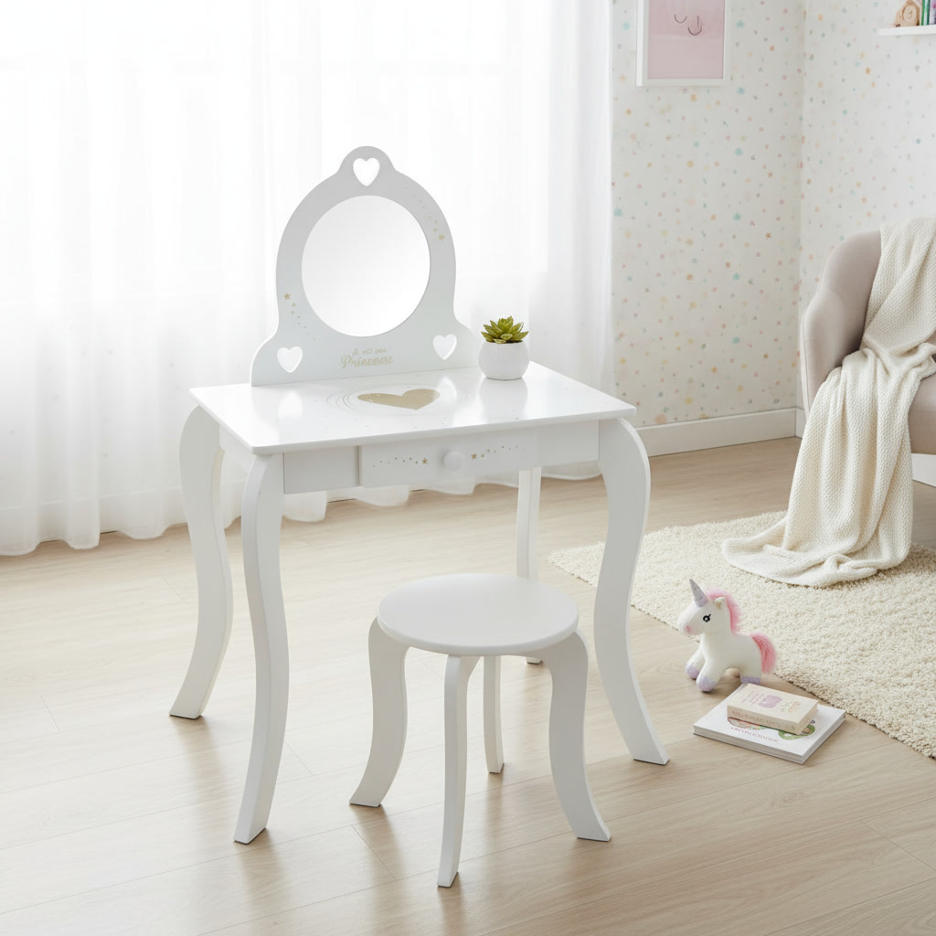 Tocador y taburete infantil blanco - Imagen 12