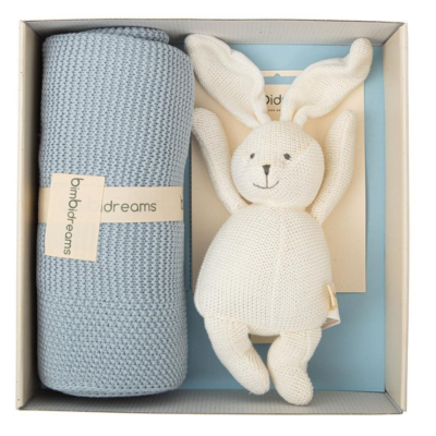 Caja regalo con manta y peluche tricot azul grisáceo