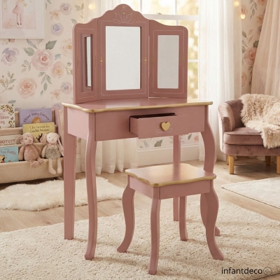 Tocador y taburete infantil rosa