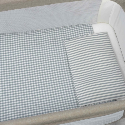 Edredón+bajera+almohada minicuna 90x50cm Praliné Vichy/rayas matcha