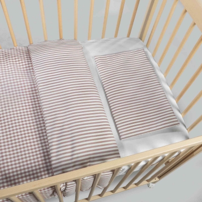 Edredón+bajera+almohada cuna 120x60cm Praliné Vichy/rayas moka