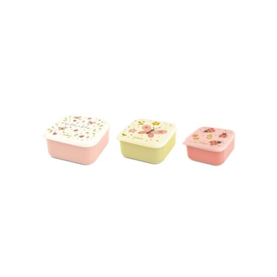 Three pastel square lunch boxes with decorative lids featuring flowers and a butterfly, in pink, lime, and peach colors.