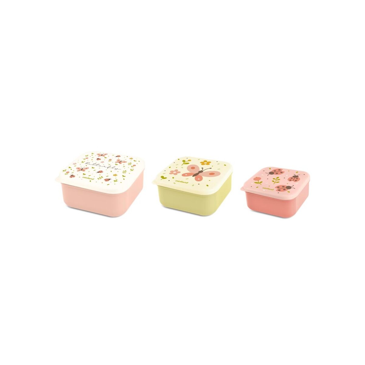 imgi_19_5005089712_1_4059 Three pastel square lunch boxes with decorative lids featuring flowers and a butterfly, in pink, lime, and peach colors.