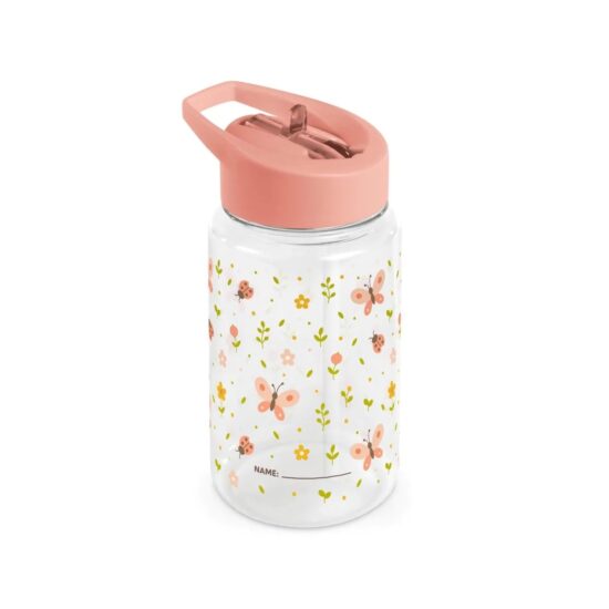 Clear plastic water bottle with pink lid featuring a floral butterfly pattern and a space to write a name